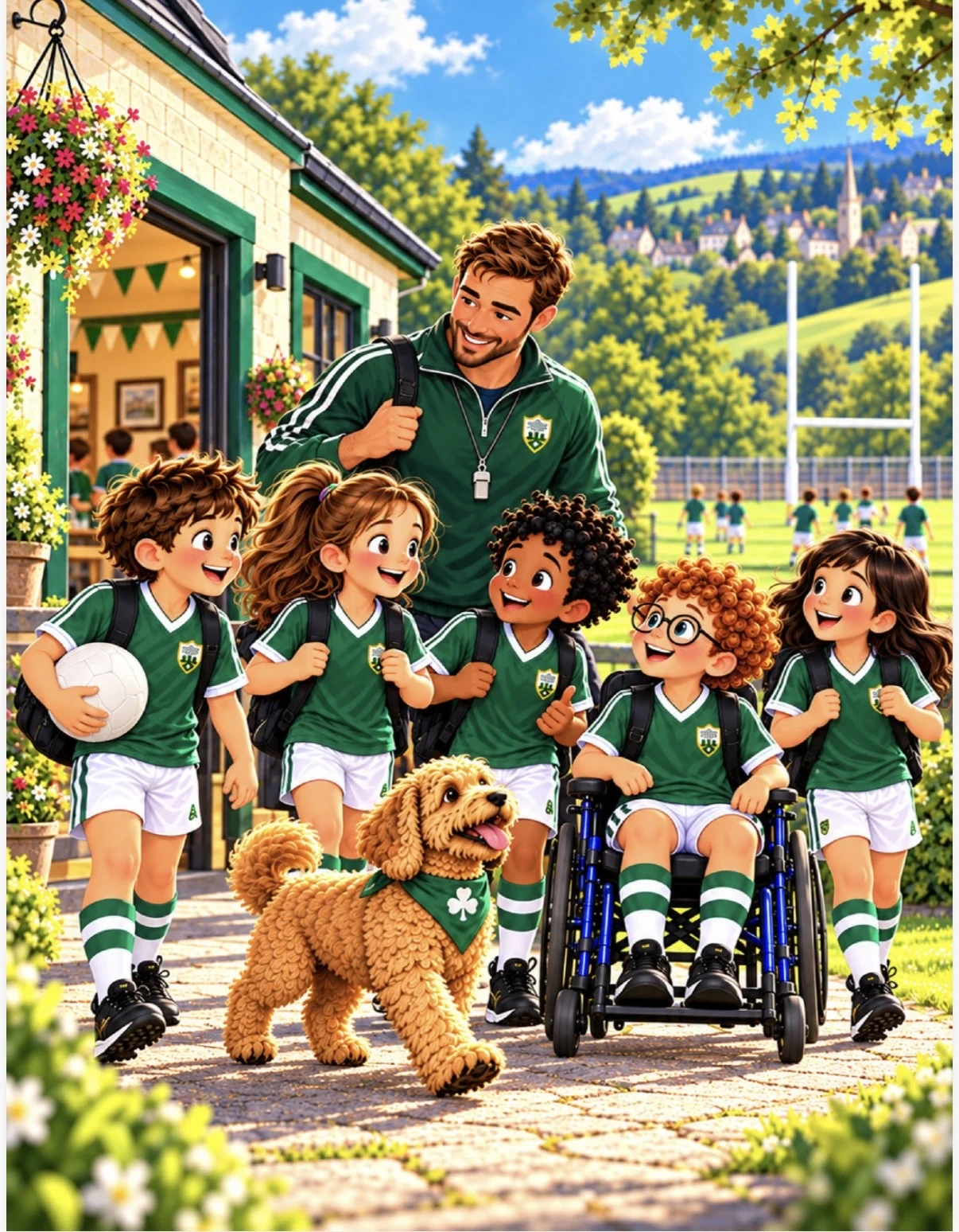 Coach Darragh, Teddy and the Little Legends walking together after training
